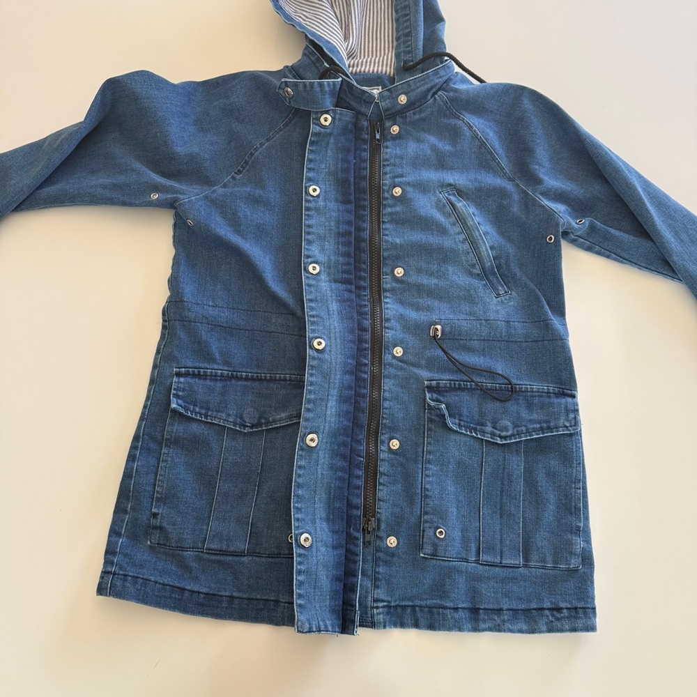 mo:vint-Denim Chore Jacket-Fisherman Core-Pockets-Hood-Size S - Picture 4 of 12